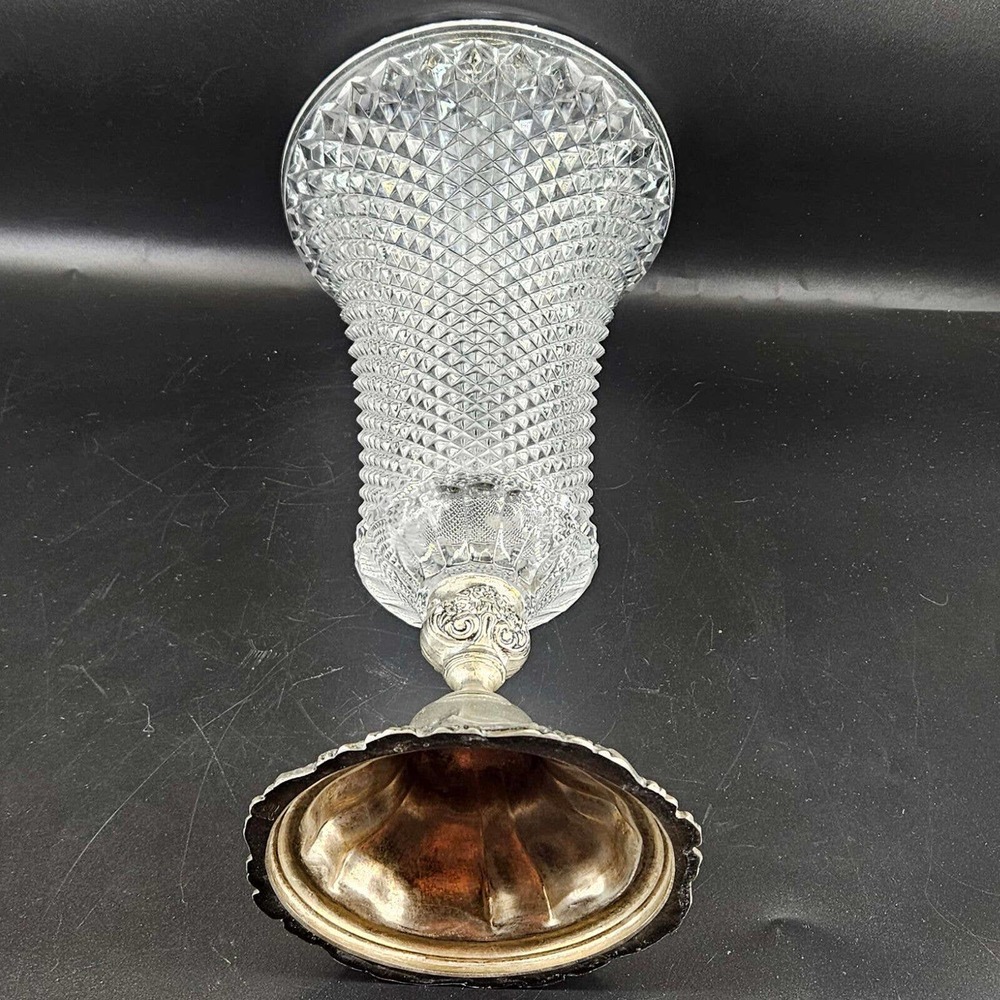 Vintage silver plated floral base diamond cut glass heavy ornate vase, 12" - Picture 4 of 6